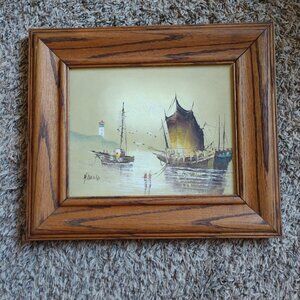 CHINESE JUNK FISHING BOAT SEA OCEAN HARBOR NAUTICAL SIGNED OIL ON CANVAS